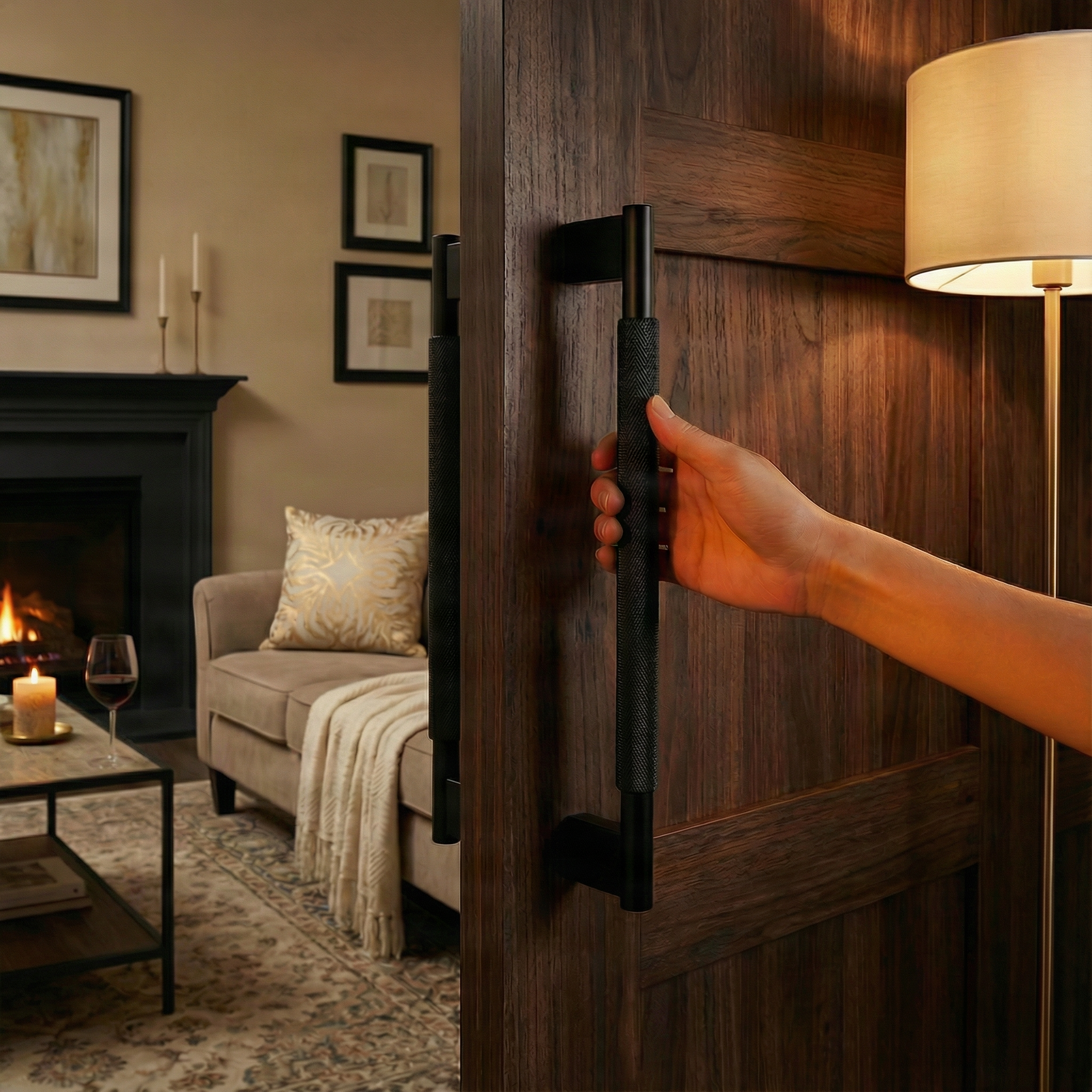 Hand gripping linear knurled matte black door handle on dark wood, leading to a cozy, elegant room.
