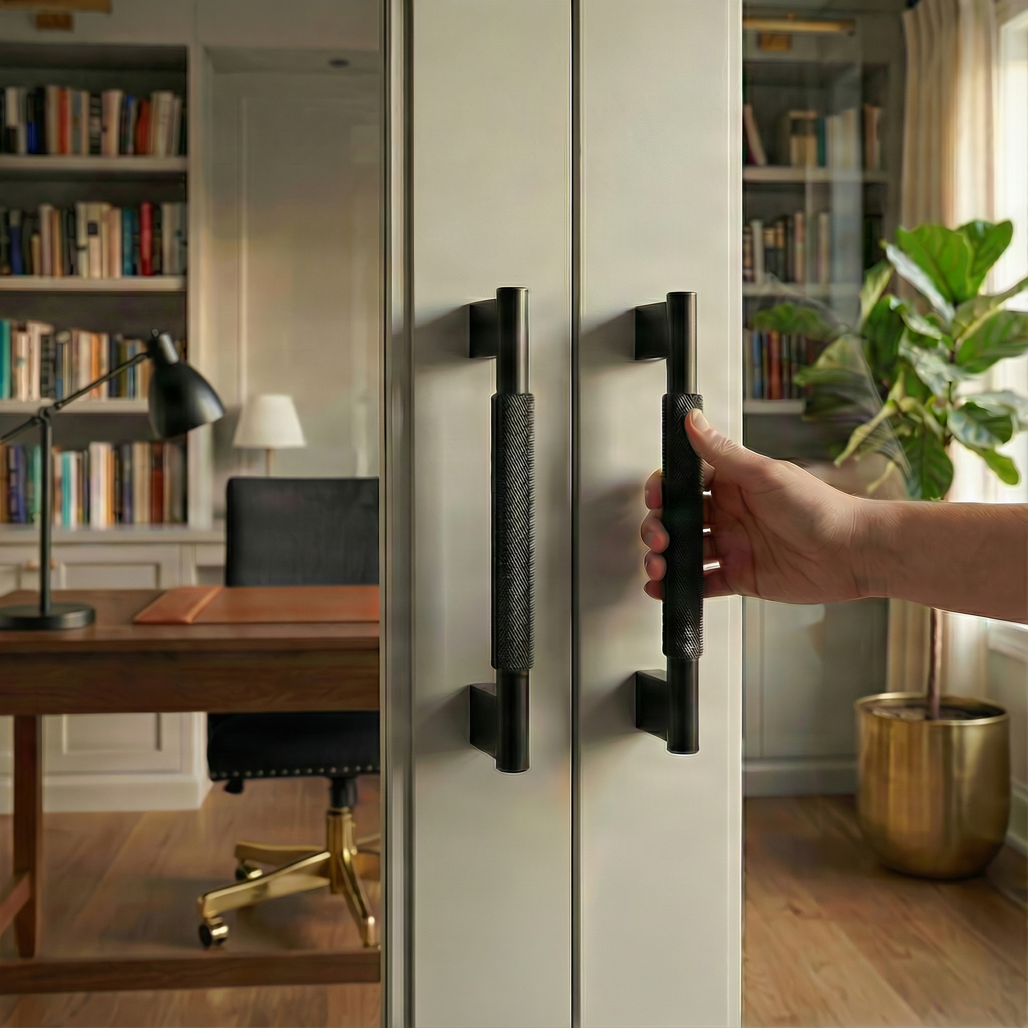 A hand reaches for a knurled matte black door handle 11 inch on a door leading to a refined home office, evoking timeless luxury.