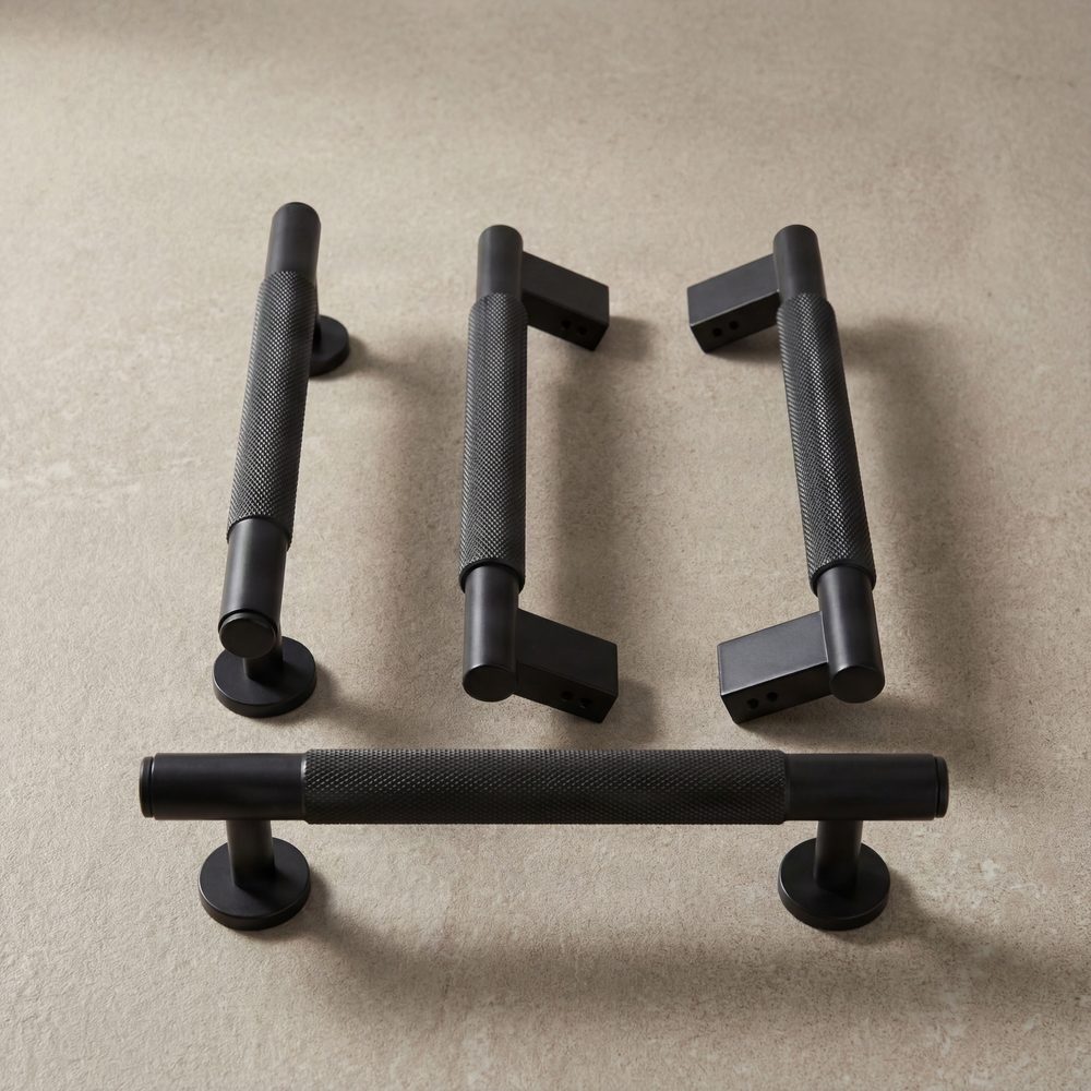 Elegant knurled black pulls, timeless tactile design.