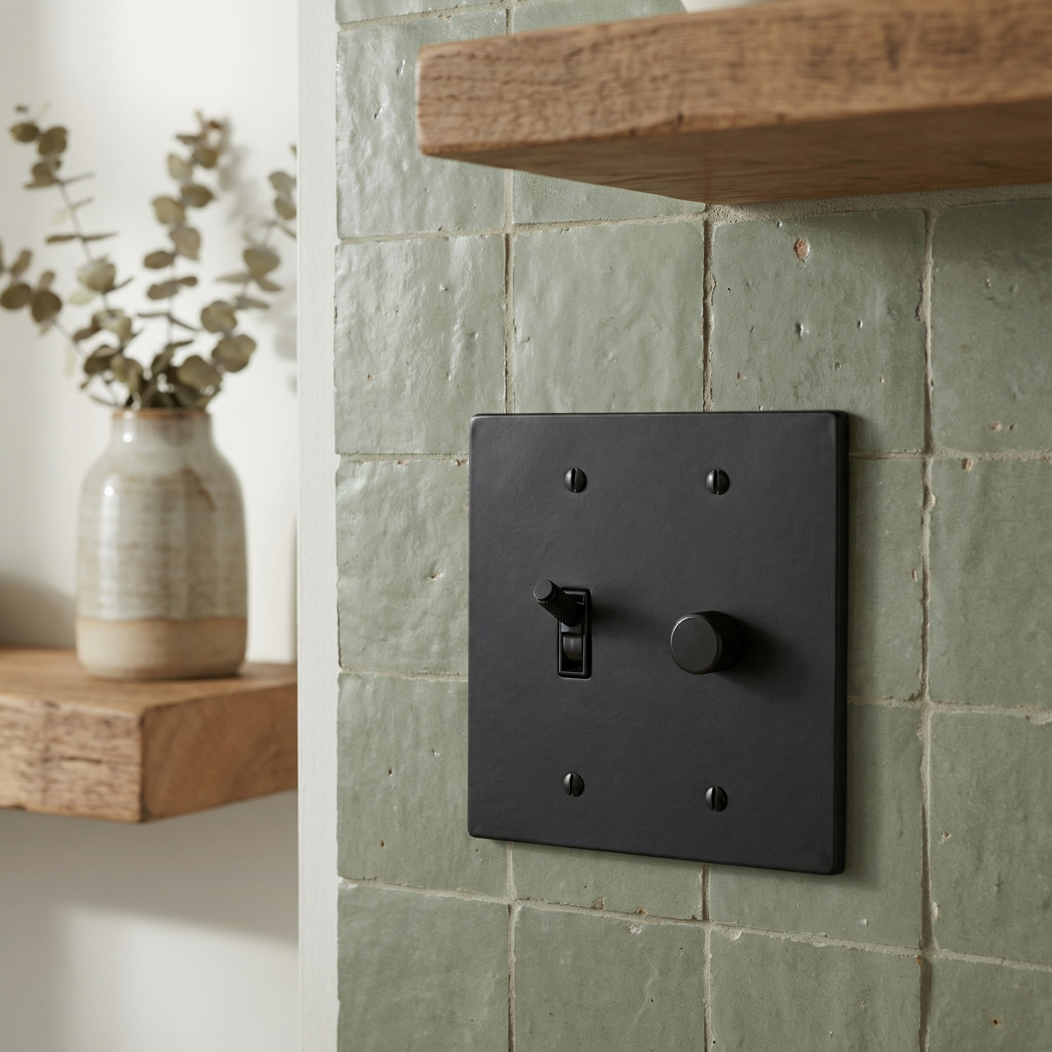 matte black (matte black accents) 2 gang dimmer and toggle switch plate on artisanal green tiles, evoking quiet luxury.