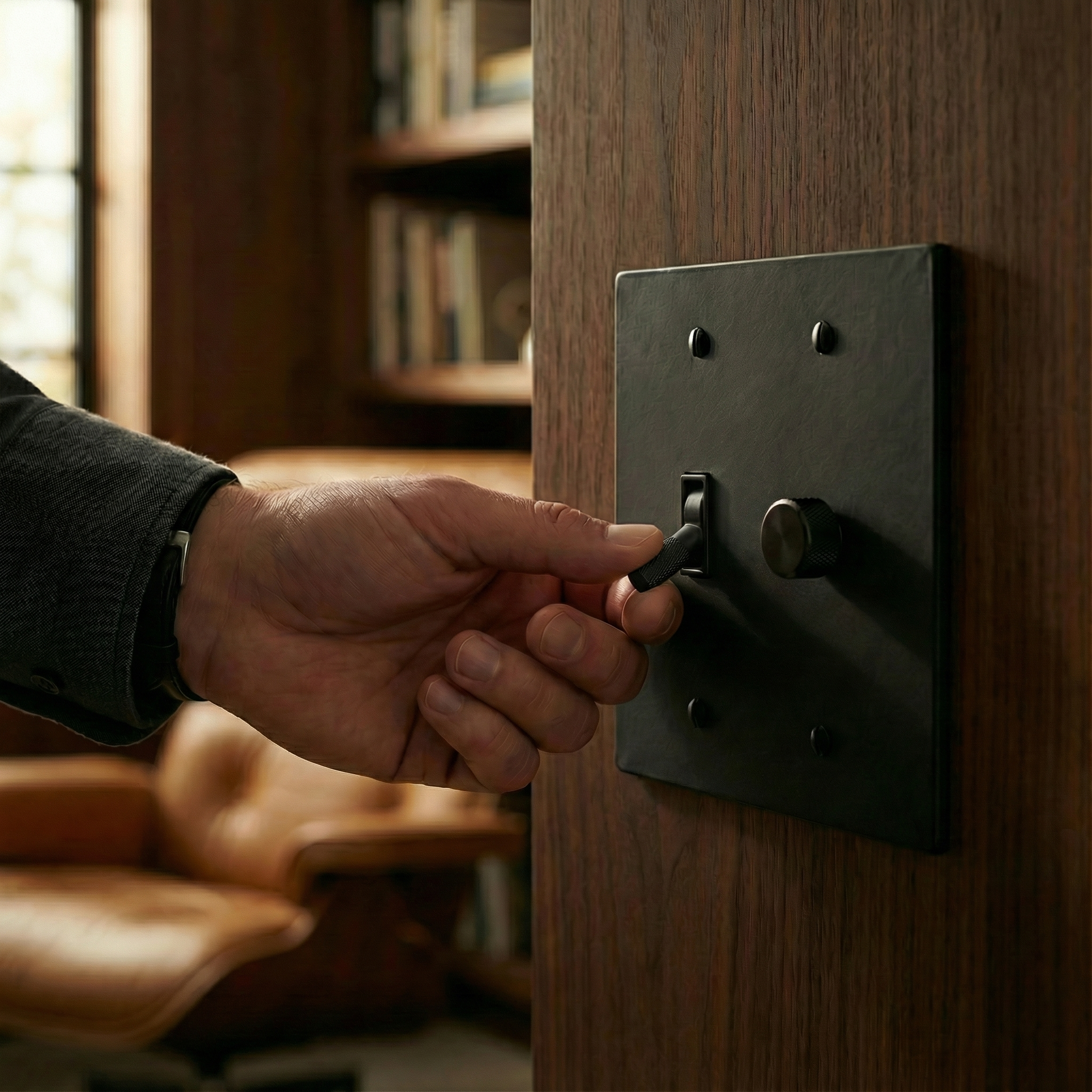 Hand on a matte black (matte black accents) 2 gang dimmer and toggle switch plate, embodying quiet luxury in a wood-paneled study.
