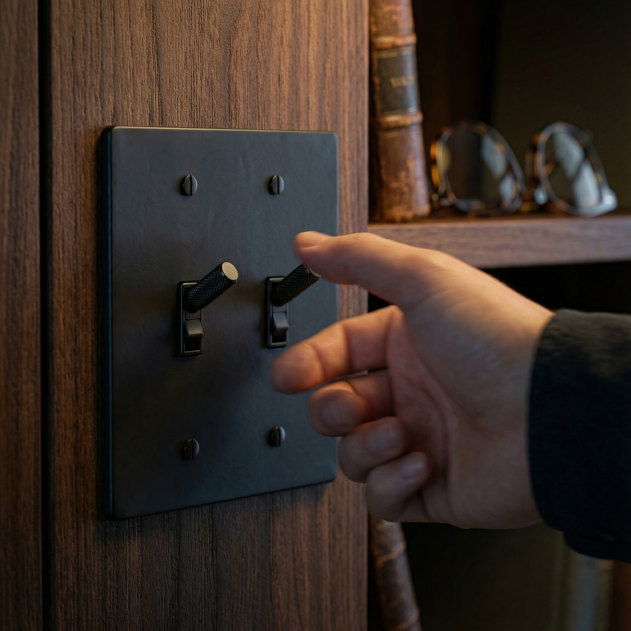 Hand on a matte black (matte black accents) 2 gang toggle switch plate, set in rich wood with a bookshelf.