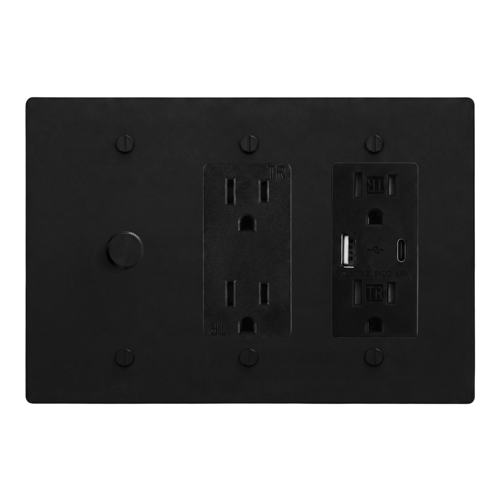 Matte Black (Matte Black Accents) 3-Gang Dimmer, Duplex Outlet & USB Outlet Switch Plate in Black