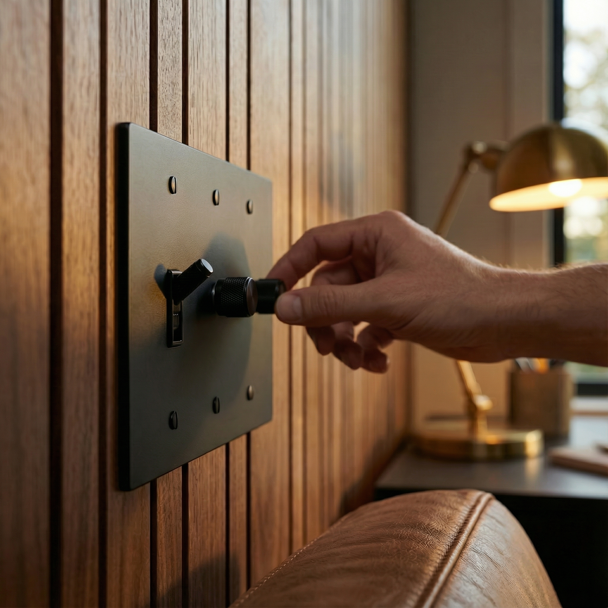 Hand adjusts a refined matte black (matte black accents) 3 gang dimmer and toggle switch plate on wood paneling, conveying quiet luxury.