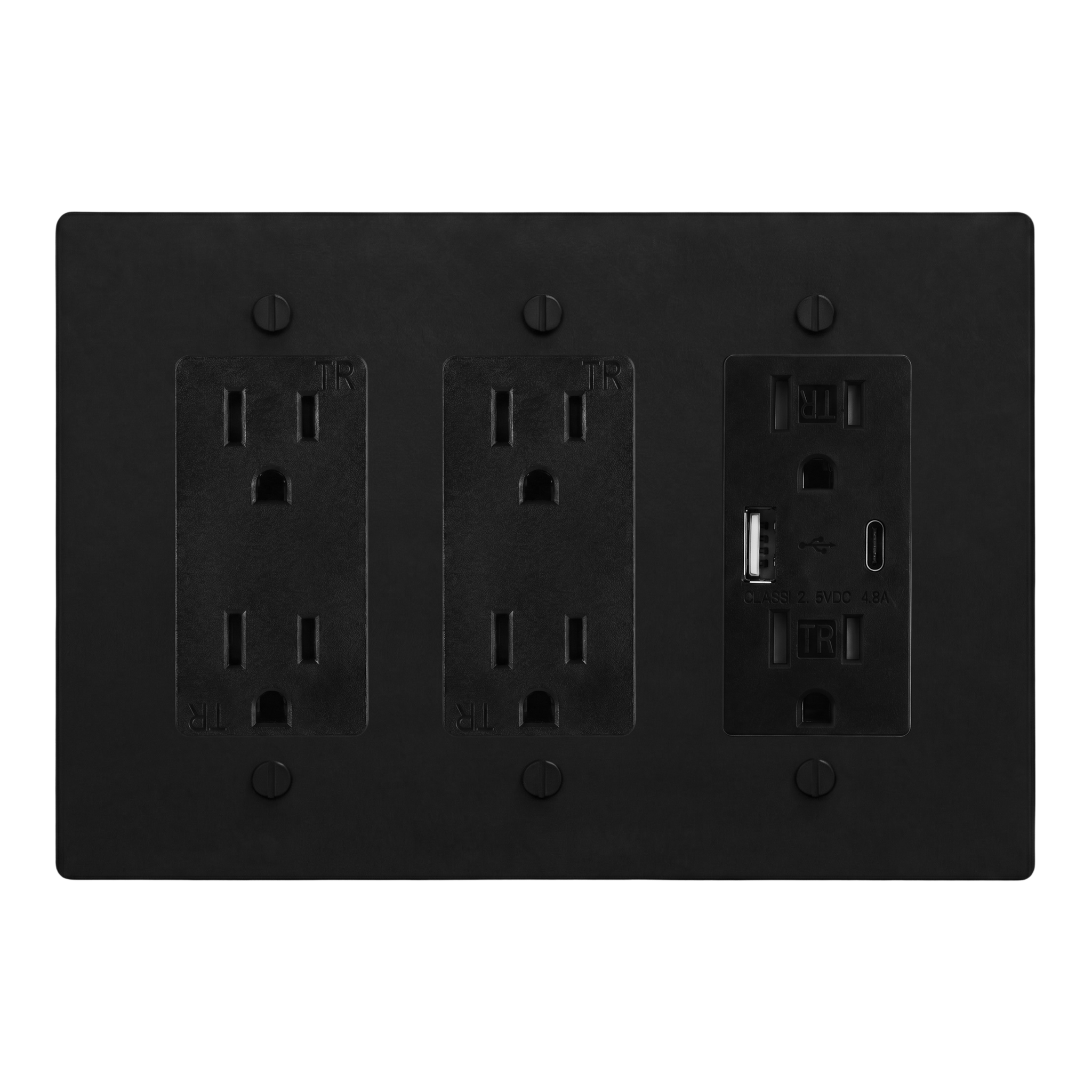 Matte Black (Matte Black Accents) 3-Gang Duplex Outlet, Duplex Outlet & USB Outlet Switch Plate in Black