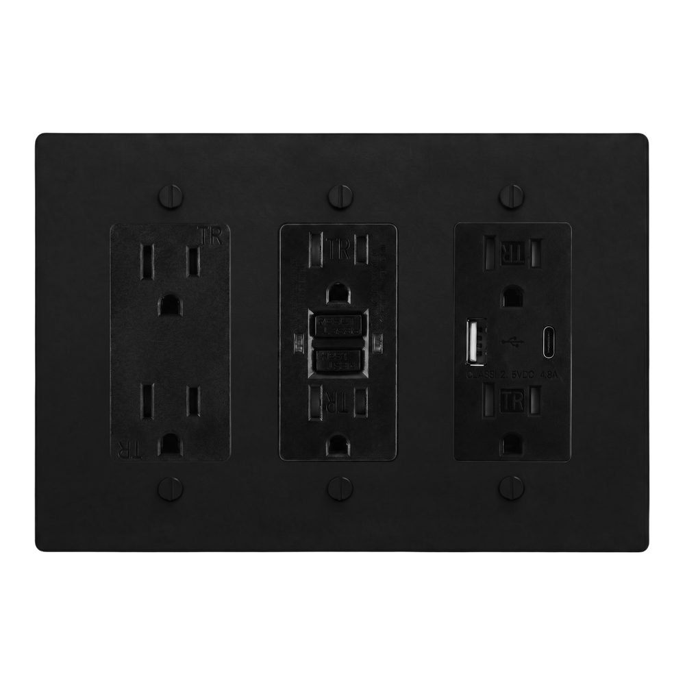Matte Black (Matte Black Accents) 3-Gang Duplex Outlet, GFCI Outlet & USB Outlet Switch Plate in Black
