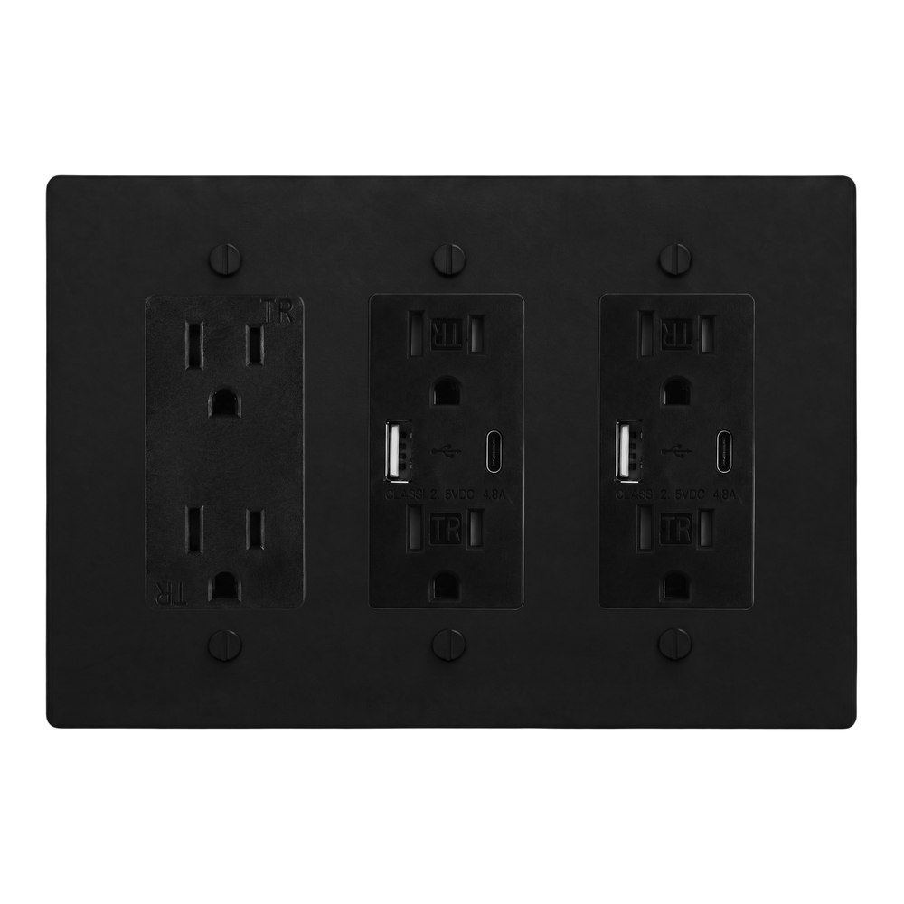 Matte Black (Matte Black Accents) 3-Gang Duplex Outlet, USB Outlet & USB Outlet Switch Plate in Black