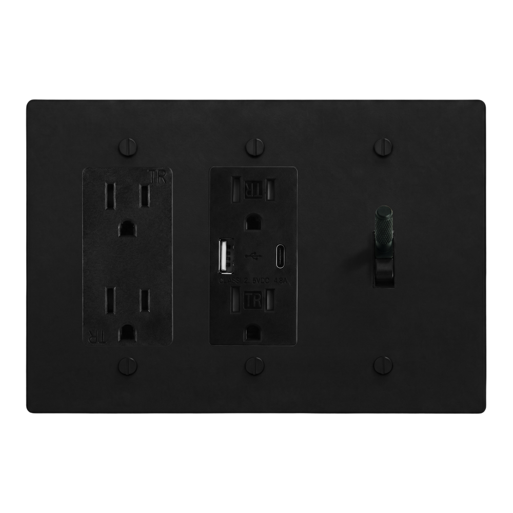 Matte Black (Matte Black Accents) 3-Gang Duplex Outlet, USB Outlet & Toggle Switch Plate in Black