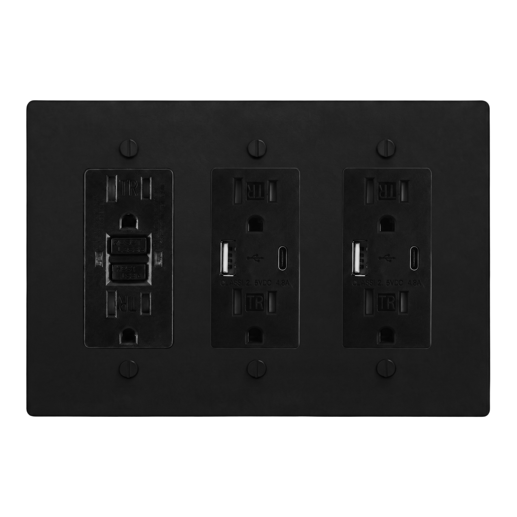 Matte Black (Matte Black Accents) 3-Gang GFCI Outlet, USB Outlet & USB Outlet Switch Plate in Black