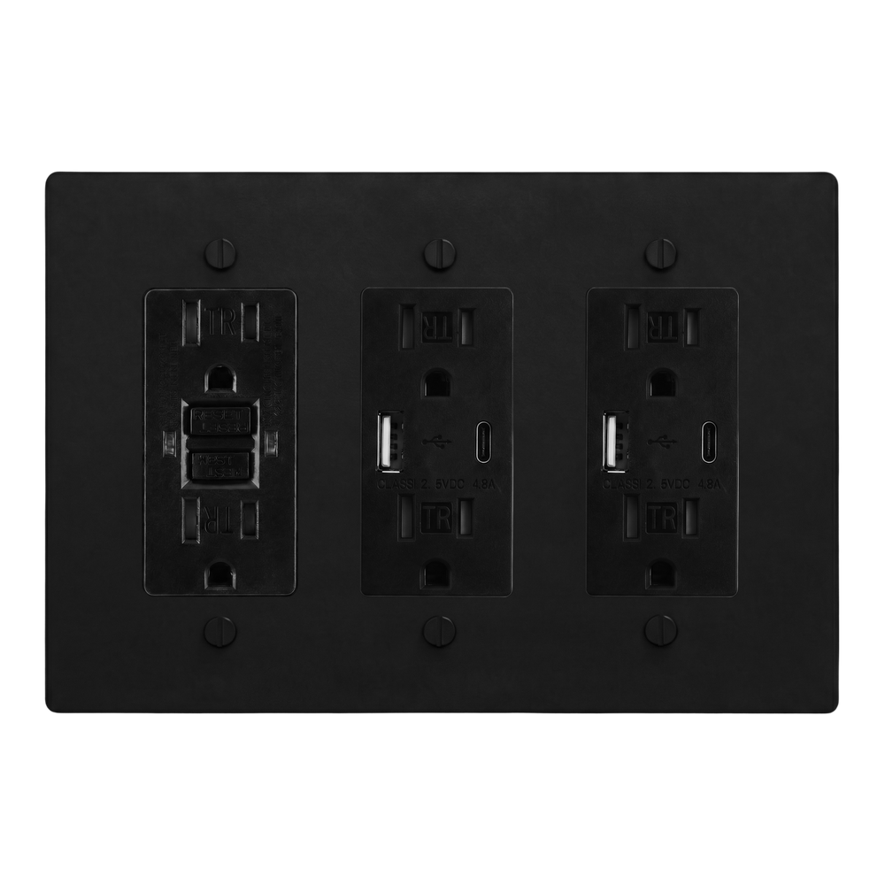 Matte Black (Matte Black Accents) 3-Gang GFCI Outlet, USB Outlet & USB Outlet Switch Plate in Black