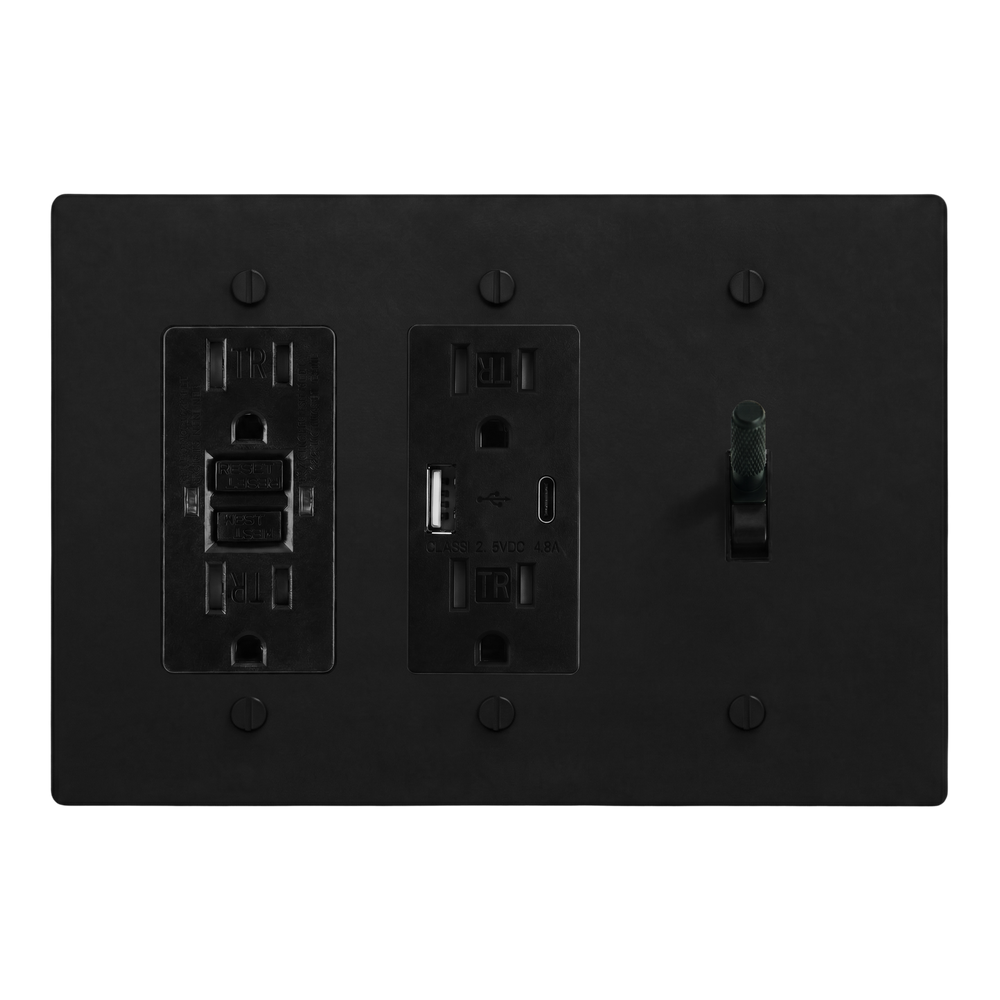 Matte Black (Matte Black Accents) 3-Gang GFCI Outlet, USB Outlet & Toggle Switch Plate in Black