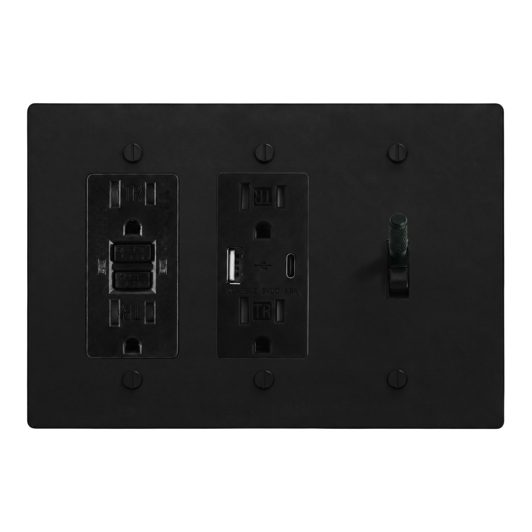 Matte Black (Matte Black Accents) 3-Gang GFCI Outlet, USB Outlet & Toggle Switch Plate in Black