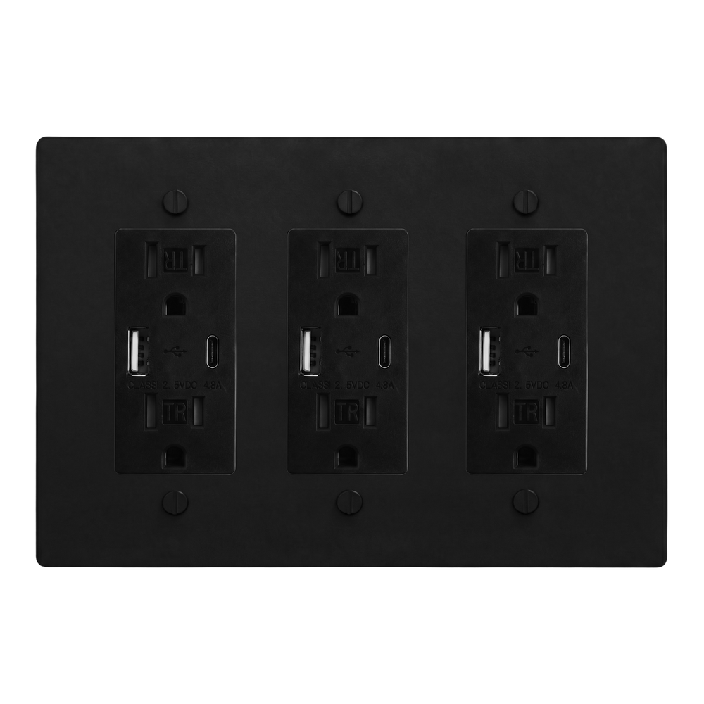 Matte Black (Matte Black Accents) 3-Gang USB Outlet, USB Outlet & USB Outlet Switch Plate in Black