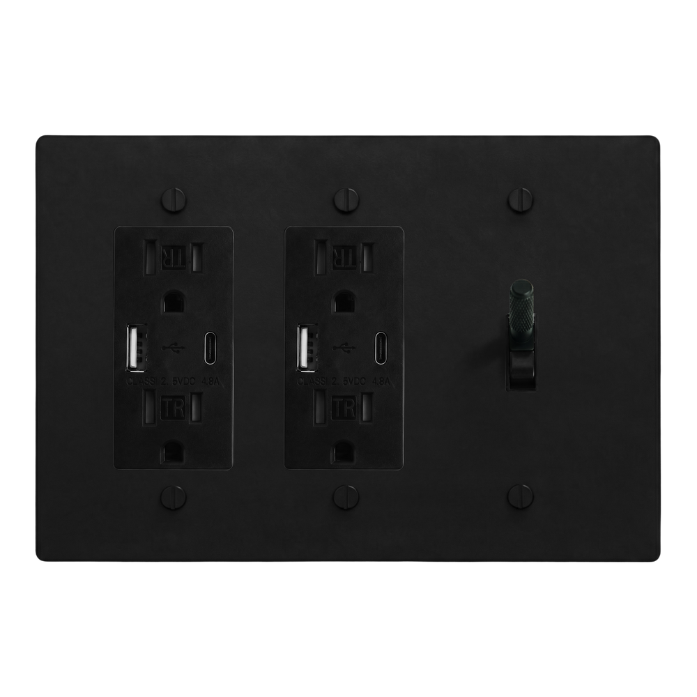 Matte Black (Matte Black Accents) 3-Gang USB Outlet, USB Outlet & Toggle Switch Plate in Black