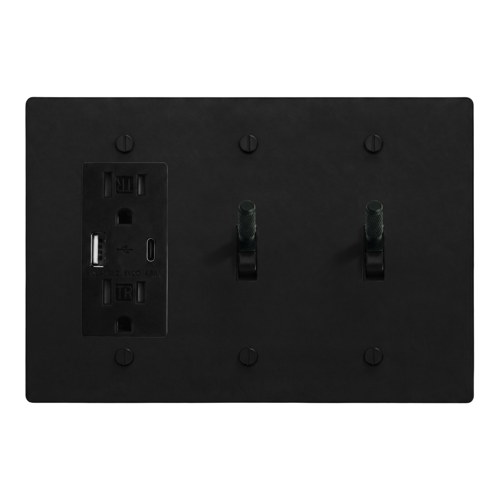 Matte Black (Matte Black Accents) 3-Gang USB Outlet, Toggle & Toggle Switch Plate in Black
