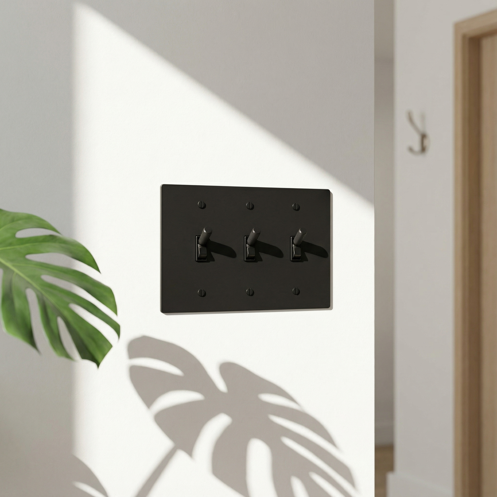 Matte black (matte black accents) 3 gang toggle switch plate on a sunlit wall with plant shadows for timeless luxury.