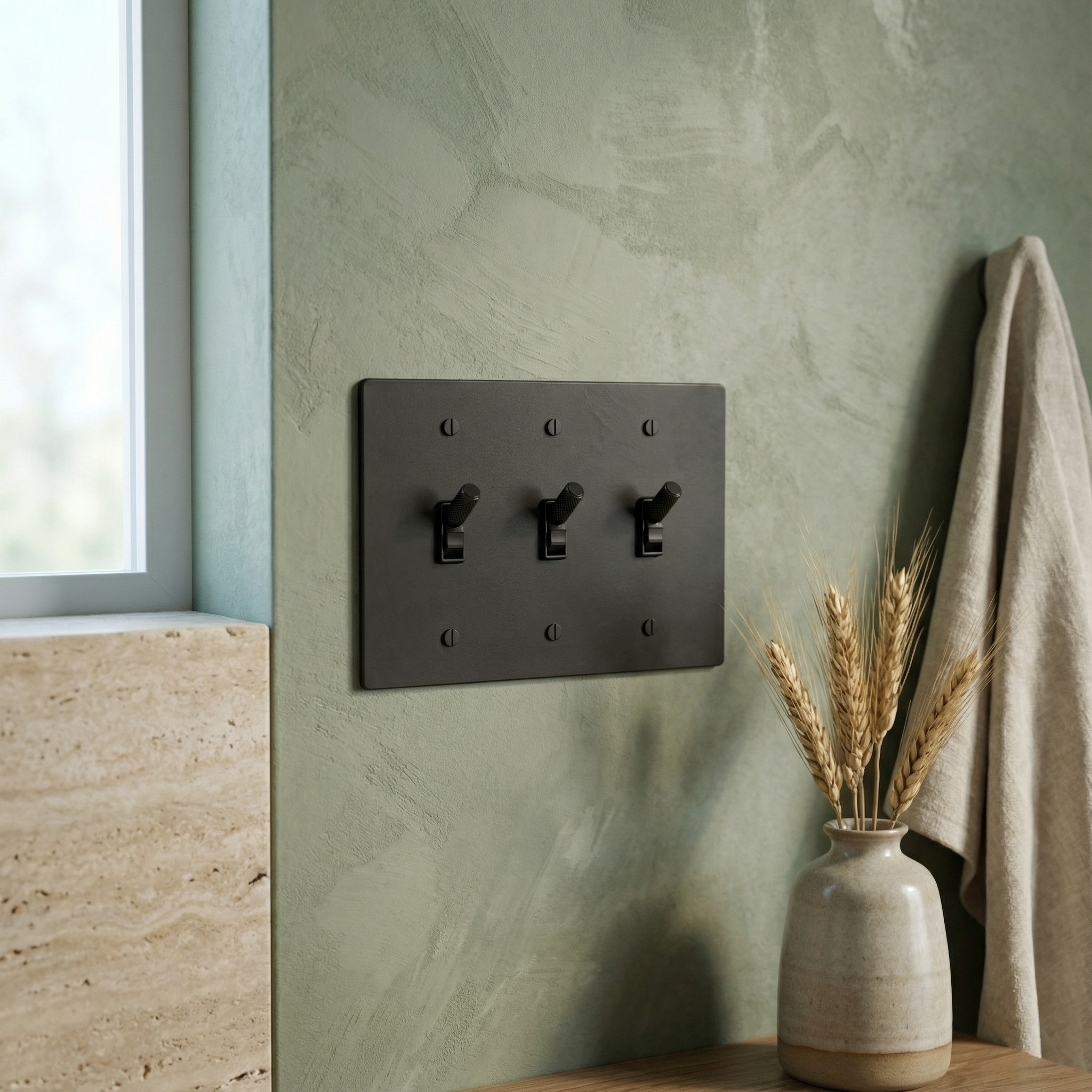 Crafted matte black (matte black accents) 3 gang toggle switch plate adds quiet luxury to a textured sage wall.