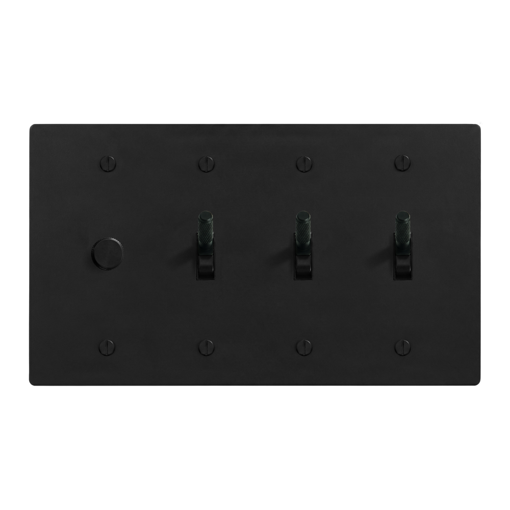 Matte Black (Matte Black Accents) 4-Gang Dimmer, Toggle, Toggle & Toggle Switch Plate in Black
