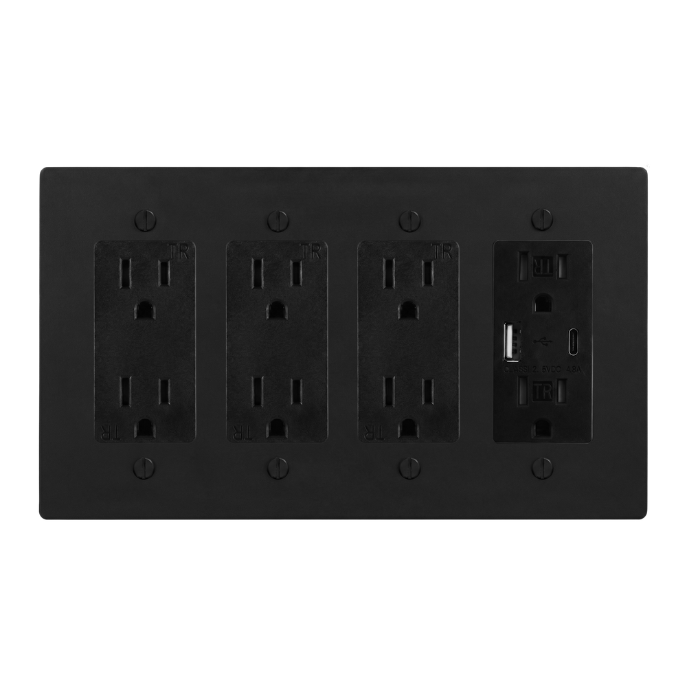 Matte Black (Matte Black Accents) 4-Gang Duplex Outlet, Duplex Outlet, Duplex Outlet & USB Outlet Switch Plate in Black