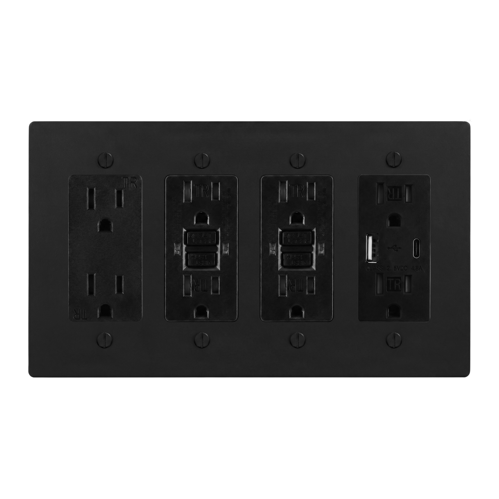 Matte Black (Matte Black Accents) 4-Gang Duplex Outlet, GFCI Outlet, GFCI Outlet & USB Outlet Switch Plate in Black