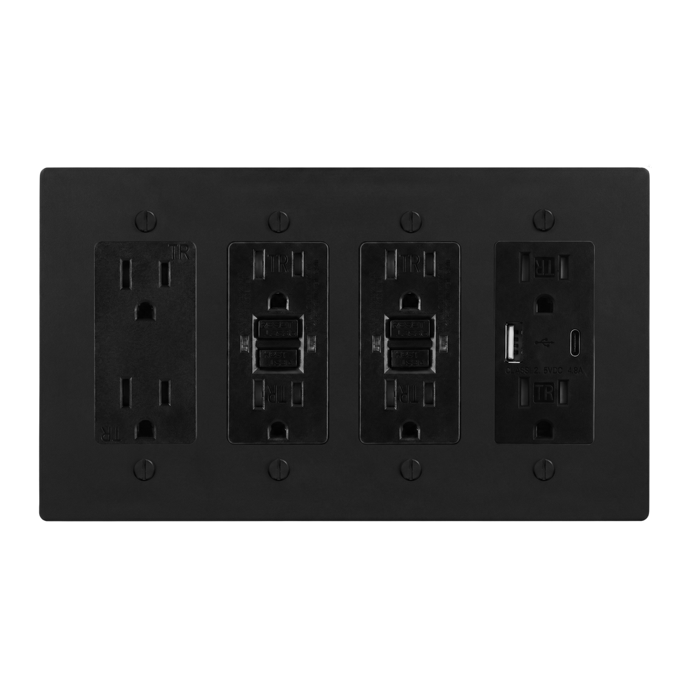 Matte Black (Matte Black Accents) 4-Gang Duplex Outlet, GFCI Outlet, GFCI Outlet & USB Outlet Switch Plate in Black