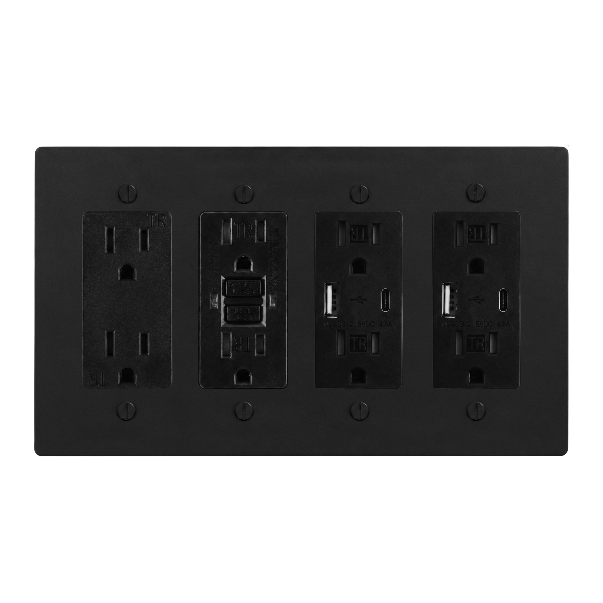 Matte Black (Matte Black Accents) 4-Gang Duplex Outlet, GFCI Outlet, USB Outlet & USB Outlet Switch Plate in Black