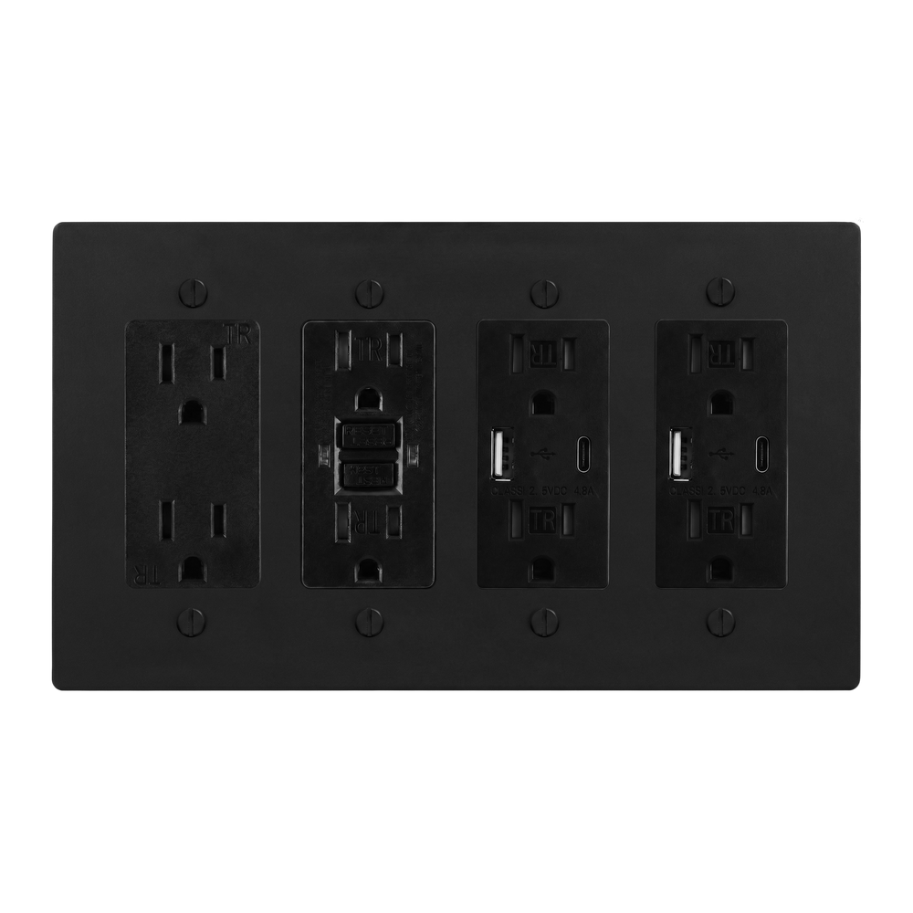 Matte Black (Matte Black Accents) 4-Gang Duplex Outlet, GFCI Outlet, USB Outlet & USB Outlet Switch Plate in Black