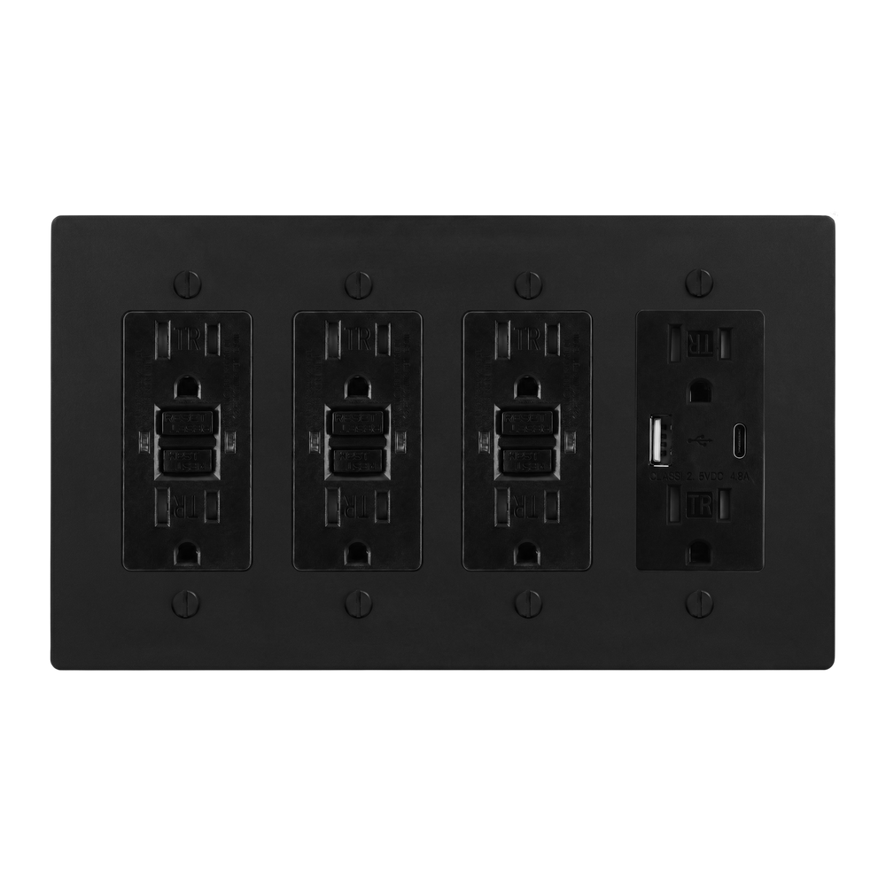 Matte Black (Matte Black Accents) 4-Gang GFCI Outlet, GFCI Outlet, GFCI Outlet & USB Outlet Switch Plate in Black