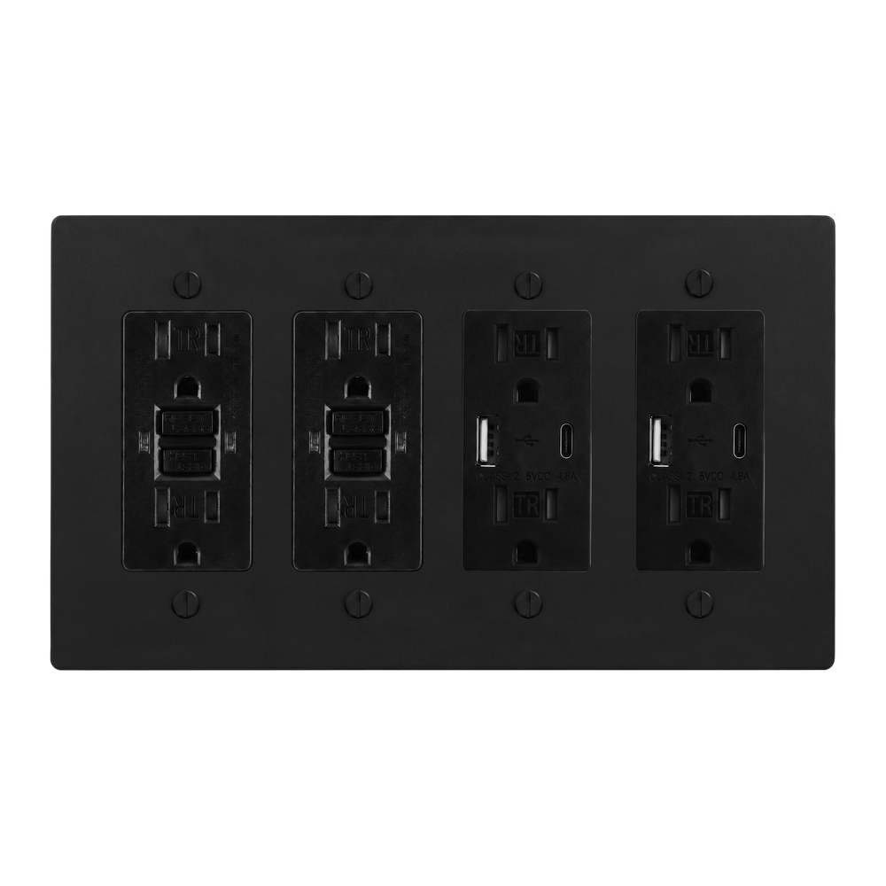 Matte Black (Matte Black Accents) 4-Gang GFCI Outlet, GFCI Outlet, USB Outlet & USB Outlet Switch Plate in Black