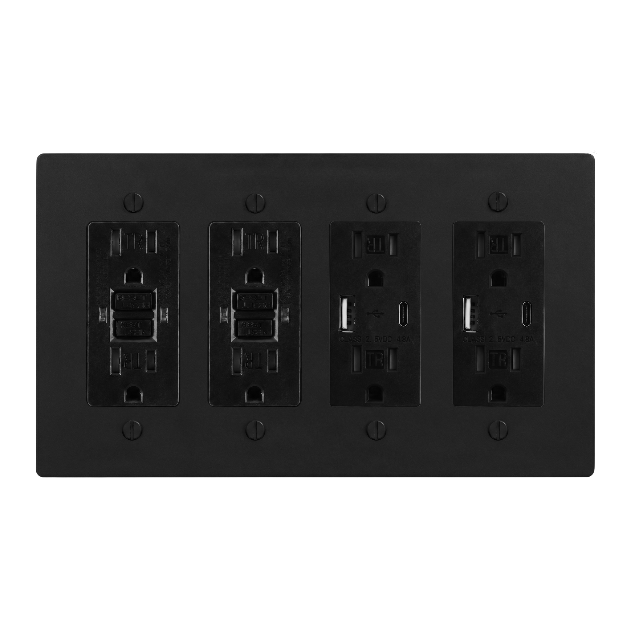 Matte Black (Matte Black Accents) 4-Gang GFCI Outlet, GFCI Outlet, USB Outlet & USB Outlet Switch Plate in Black