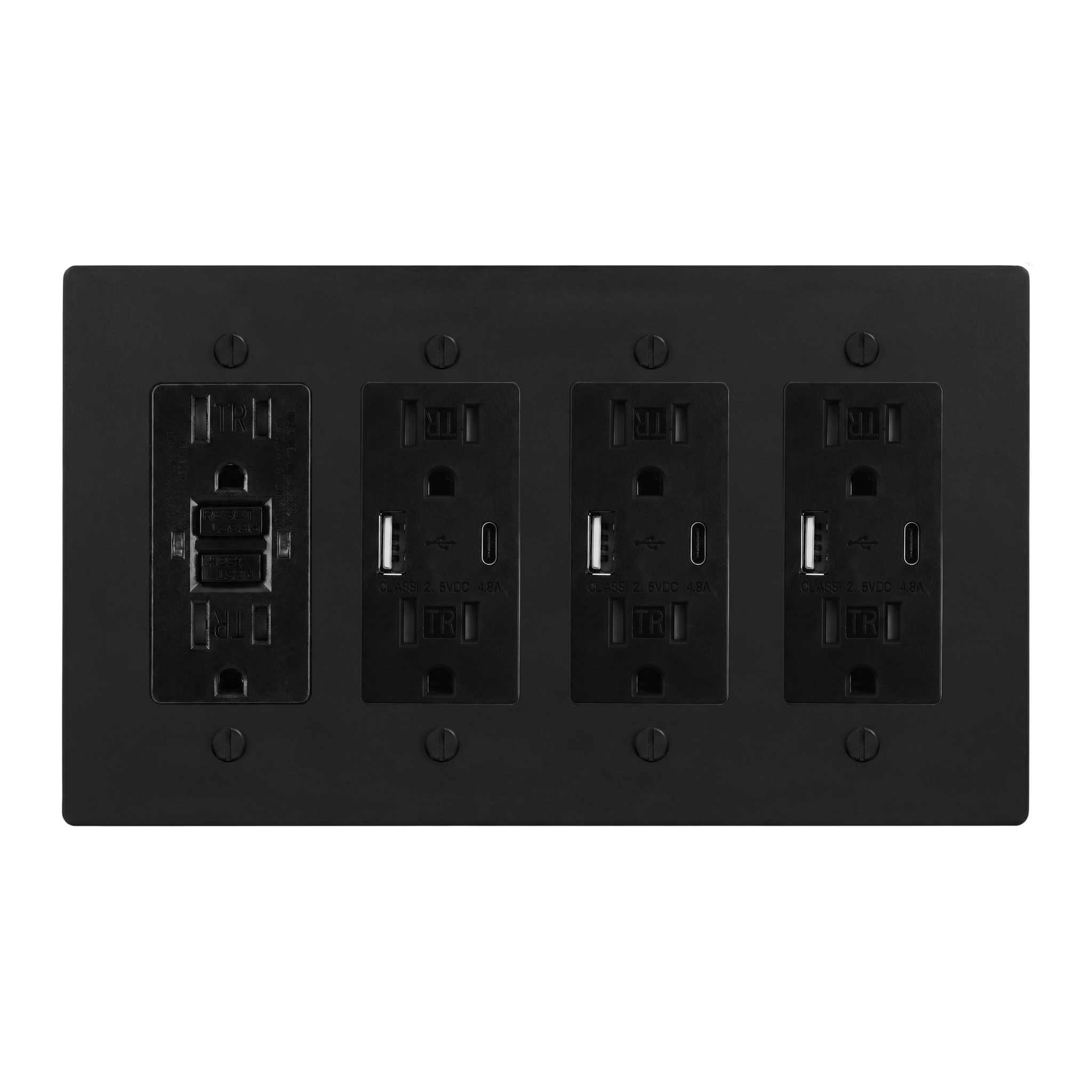 Matte Black (Matte Black Accents) 4-Gang GFCI Outlet, USB Outlet, USB Outlet & USB Outlet Switch Plate in Black