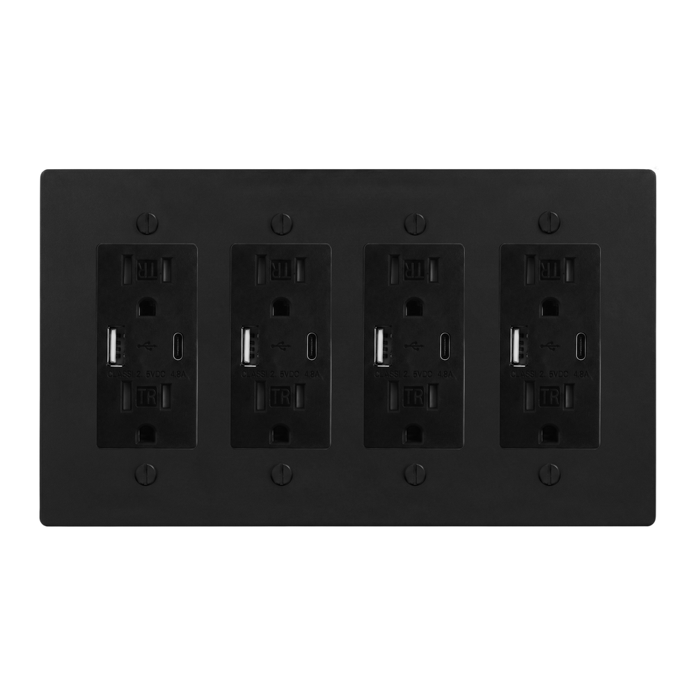 Matte Black (Matte Black Accents) 4-Gang USB Outlet, USB Outlet, USB Outlet & USB Outlet Switch Plate in Black