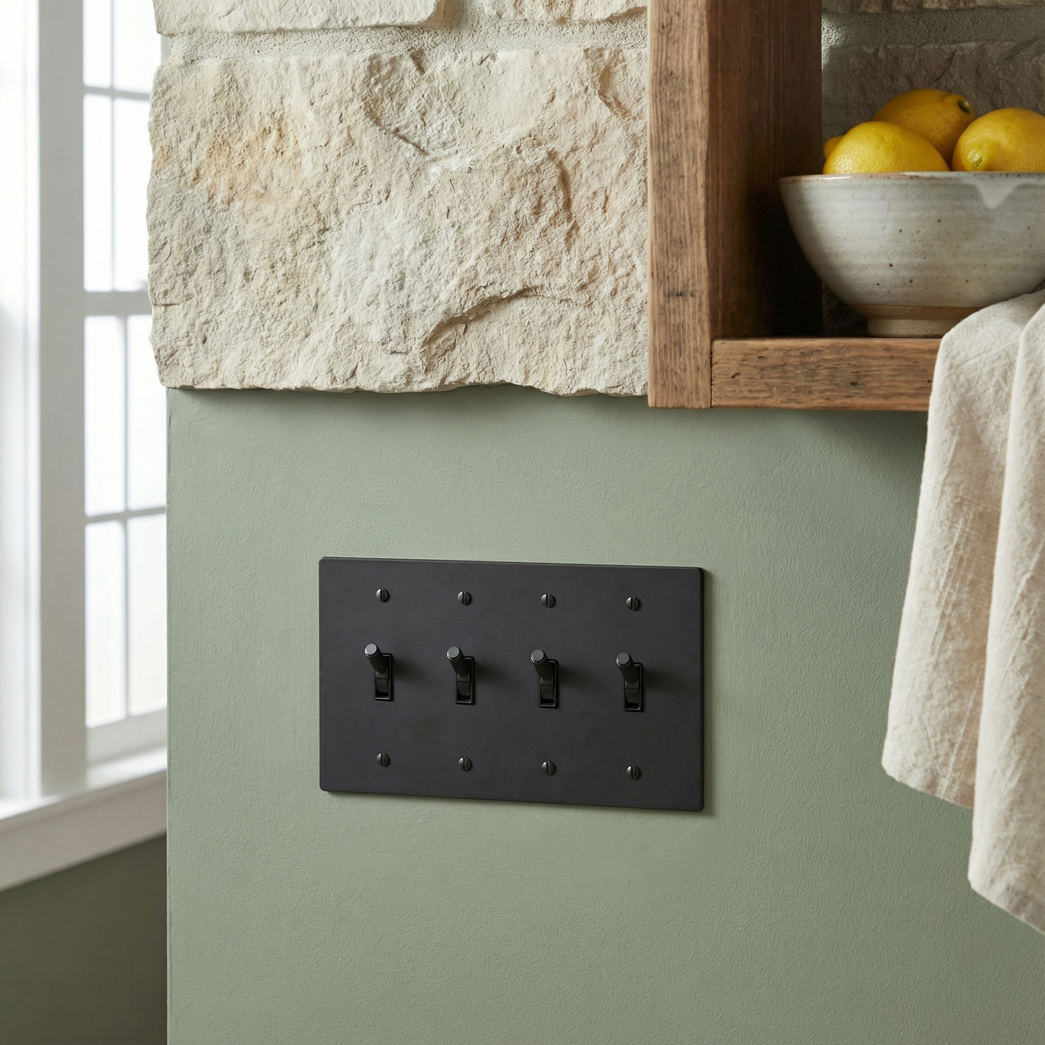 Refined space with a matte black (matte black accents) 4 gang toggle switch plate set against a sage wall and natural stone.