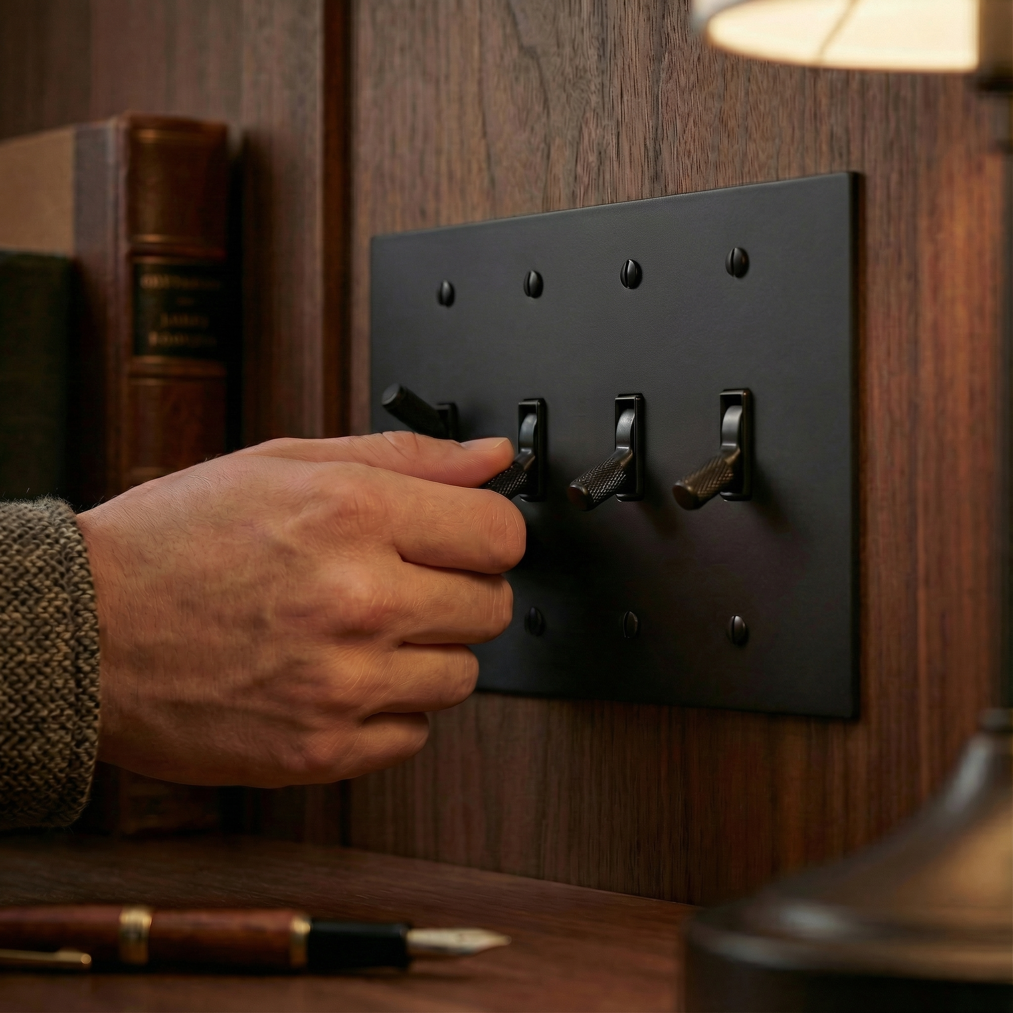 Hand adjusts knurled matte black (matte black accents) 4 gang toggle switch plate on rich wood, conveying quiet luxury.