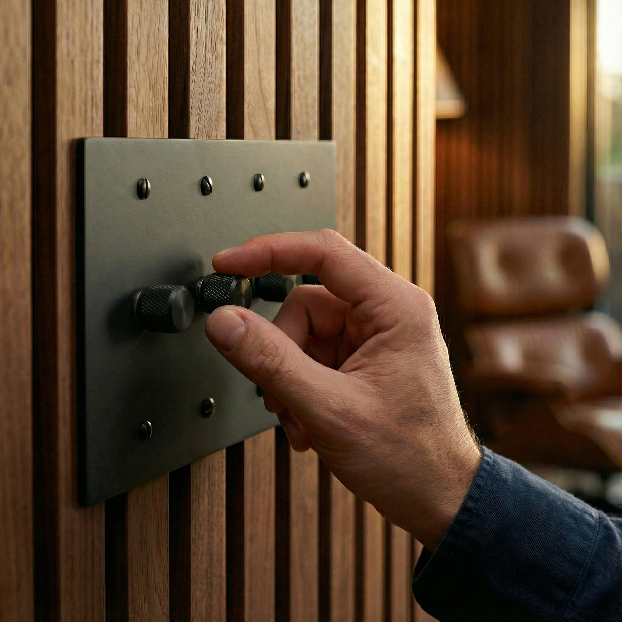 Hand adjusts matte black (matte black accents) 4 gang dimmer switch plate on a rich wood slat wall, conveying quiet luxury.