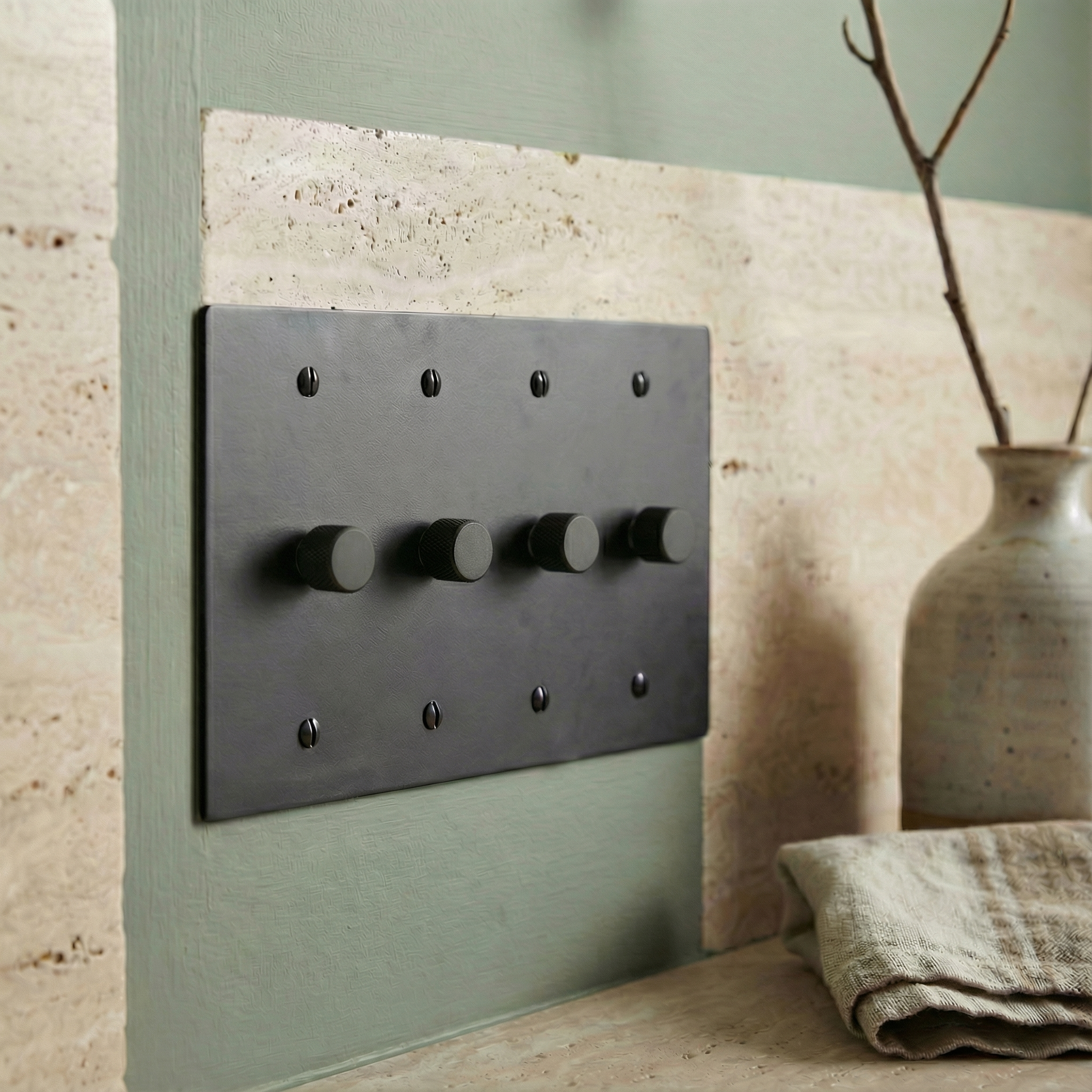 Elegant room showcases a matte black (matte black accents) 4 gang dimmer switch plate, embodying quiet luxury and timeless design.