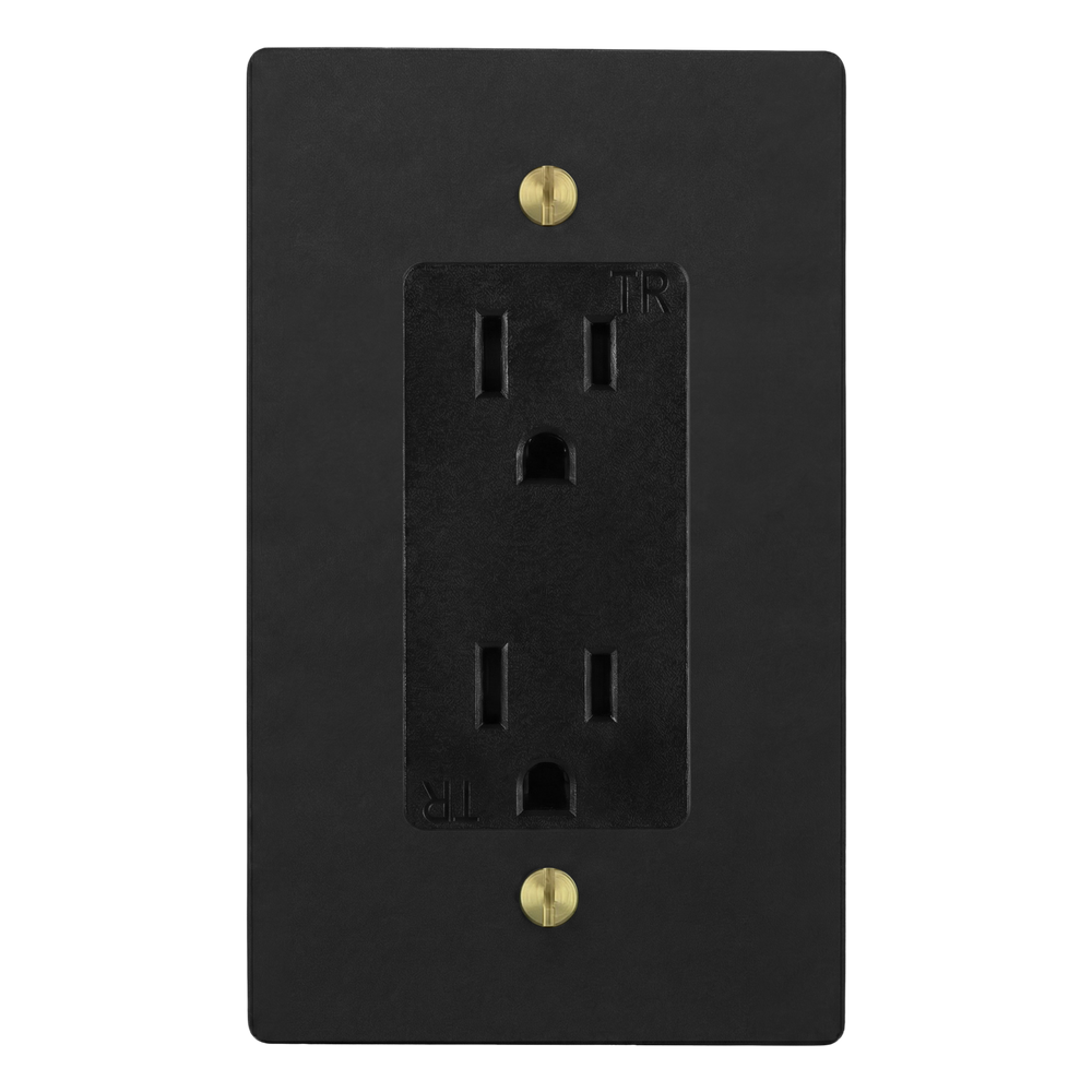 Matte Black (Satin Brass Accents) 1-Gang Duplex Outlet Switch Plate in Black