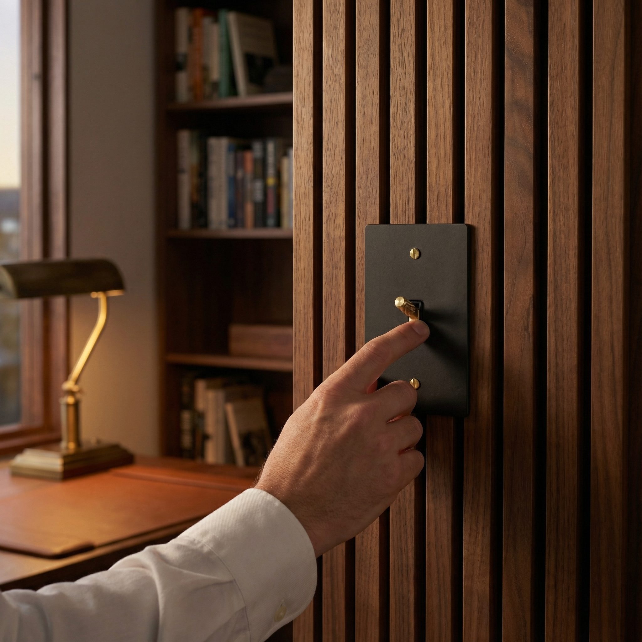 A hand activates a matte black (satin brass accents) 1 gang toggle switch plate on a rich walnut panel, conveying timeless luxury.