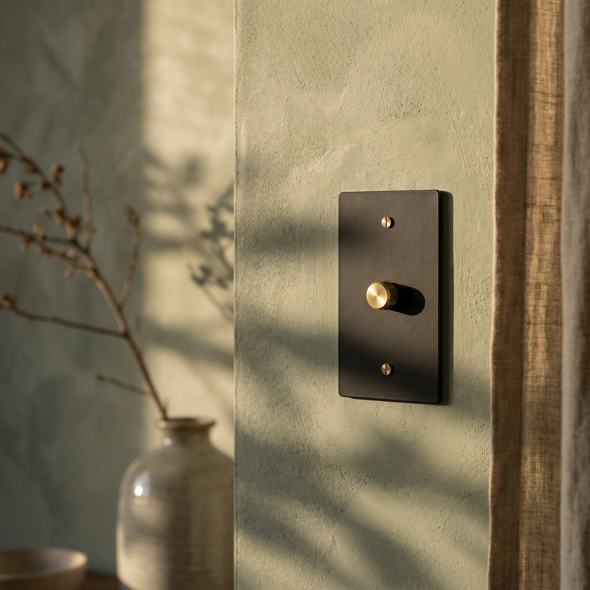 matte black (satin brass accents) 1 gang dimmer switch plate, timeless elegance on a textured wall.