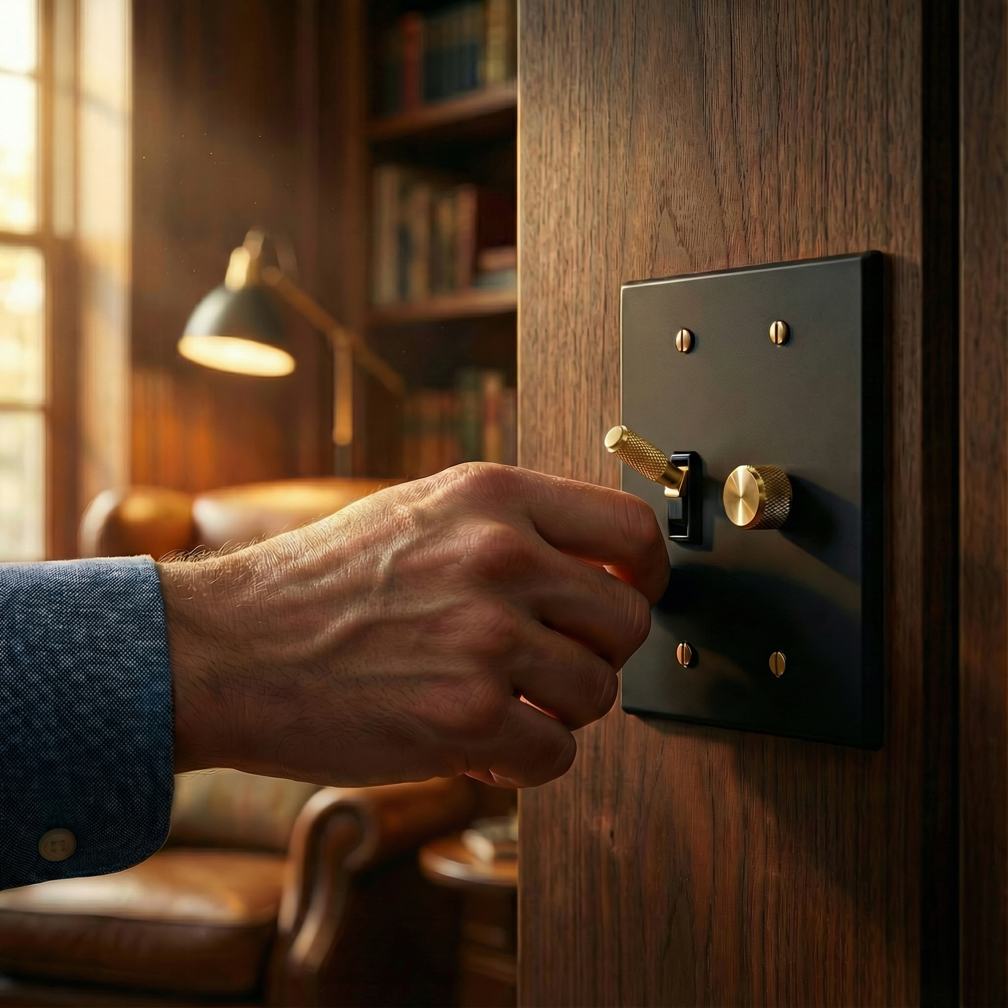 Hand adjusts a matte black (satin brass accents) 2 gang dimmer and toggle switch plate, for timeless luxury in a wood-paneled study.
