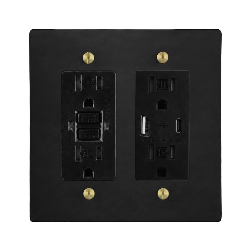 Matte Black (Satin Brass Accents) 2-Gang GFCI Outlet & USB Outlet Switch Plate in Black