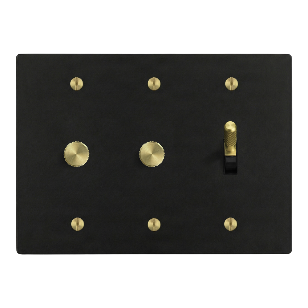 Matte Black (Satin Brass Accents) 3-Gang Dimmer, Dimmer & Toggle Switch Plate in Black
