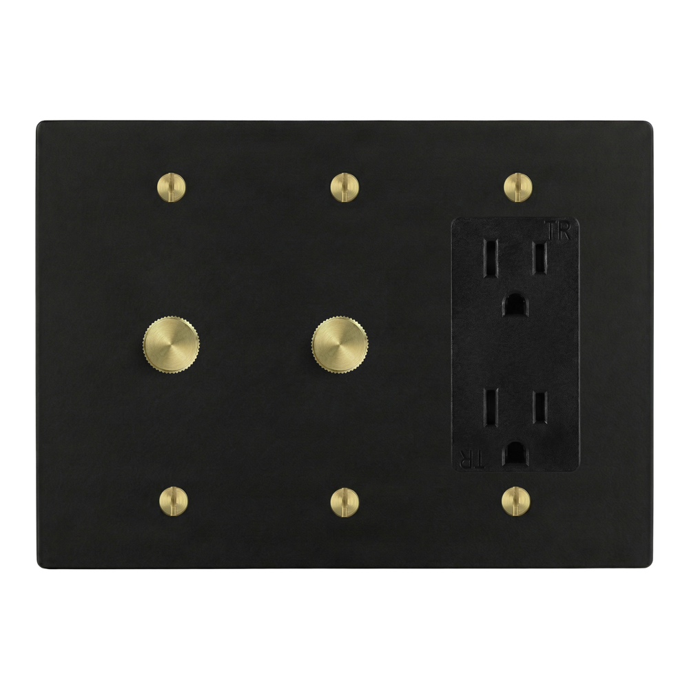 Matte Black (Satin Brass Accents) 3-Gang Dimmer, Dimmer & Duplex Outlet Switch Plate in Black