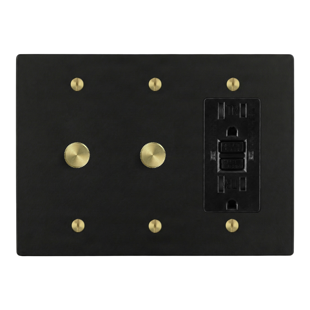 Matte Black (Satin Brass Accents) 3-Gang Dimmer, Dimmer & GFCI Outlet Switch Plate in Black