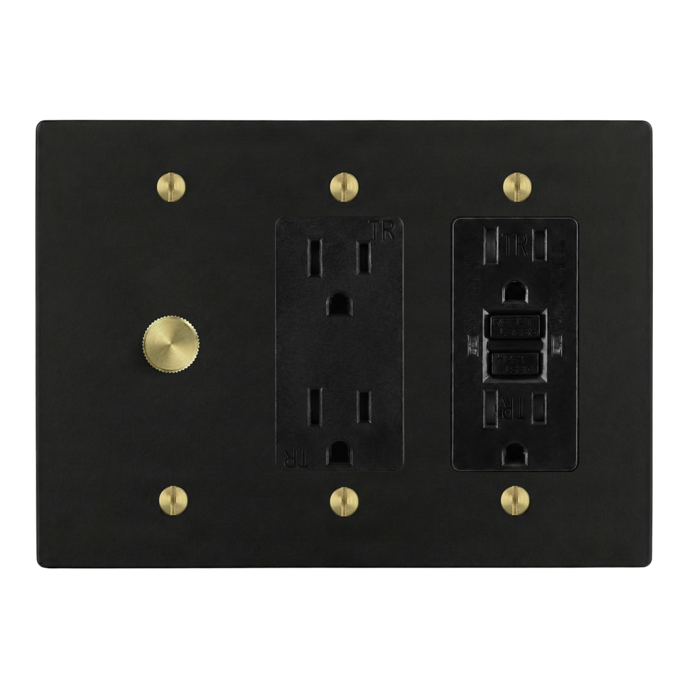 Matte Black (Satin Brass Accents) 3-Gang Dimmer, Duplex Outlet & GFCI Outlet Switch Plate in Black