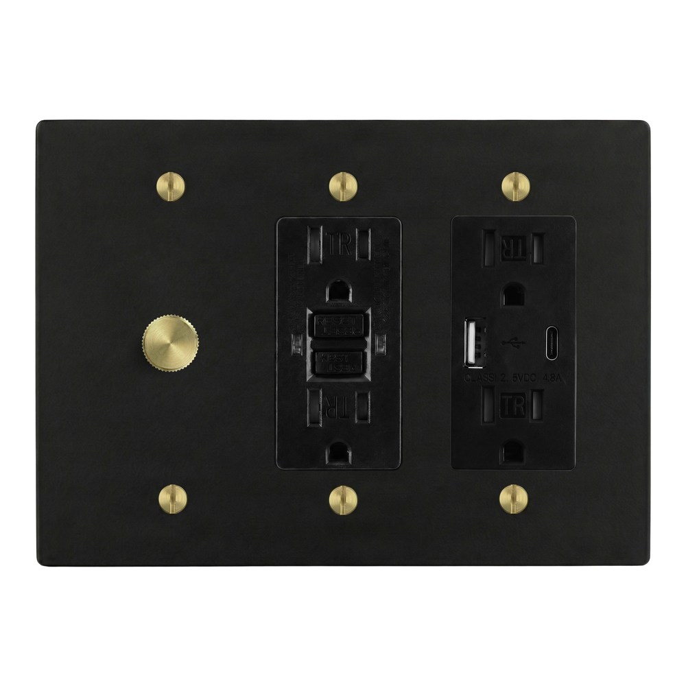 Matte Black (Satin Brass Accents) 3-Gang Dimmer, GFCI Outlet & USB Outlet Switch Plate in Black