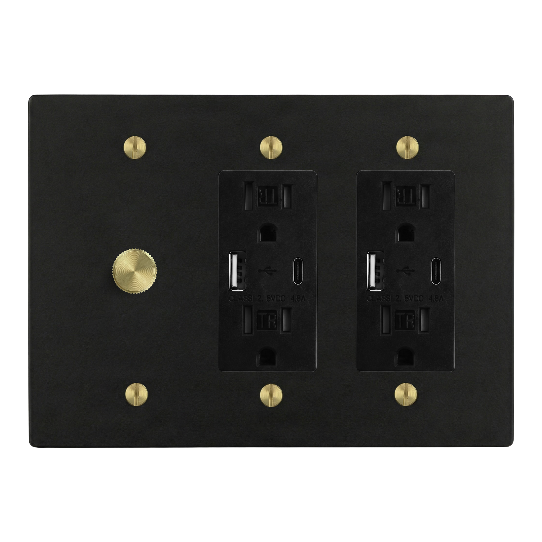 Matte Black (Satin Brass Accents) 3-Gang Dimmer, USB Outlet & USB Outlet Switch Plate in Black