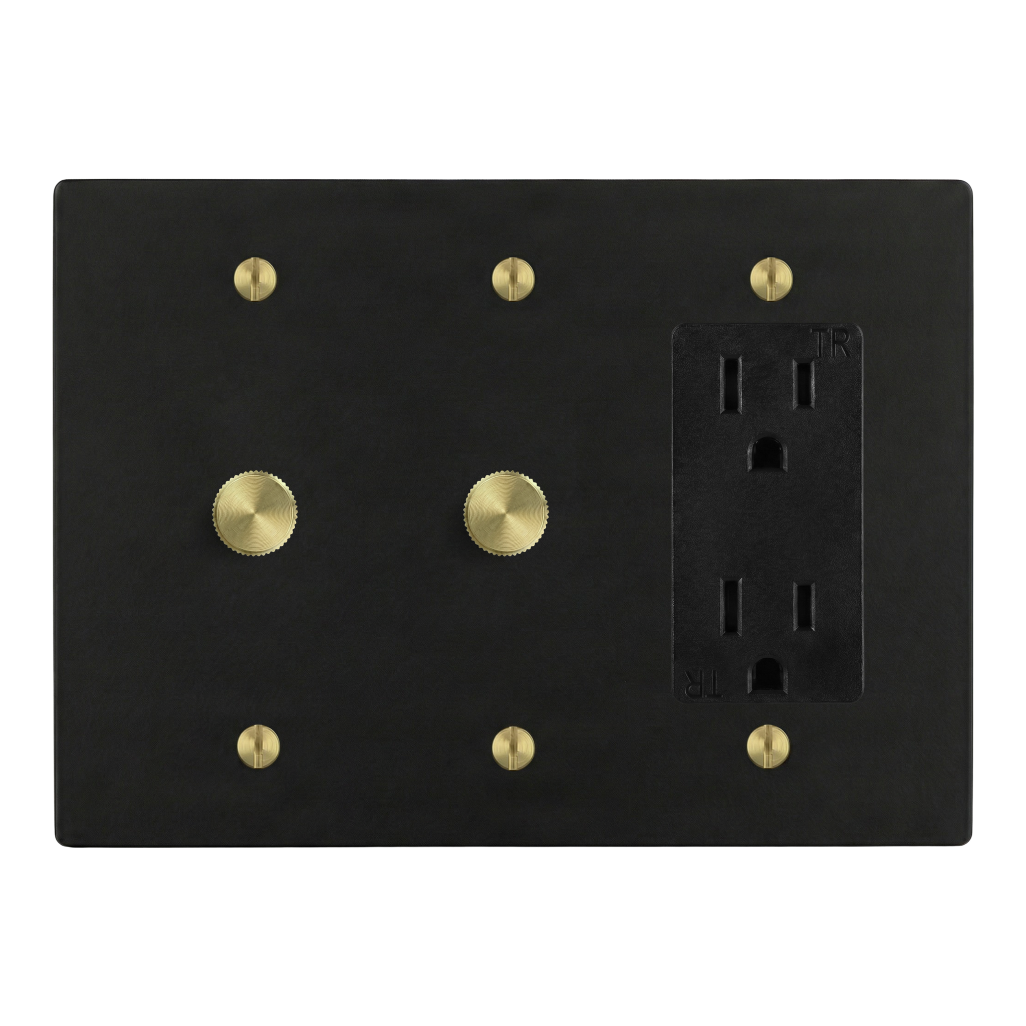 Matte Black (Satin Brass Accents) 3-Gang Dimmer, Dimmer & Duplex Outlet Switch Plate in Black