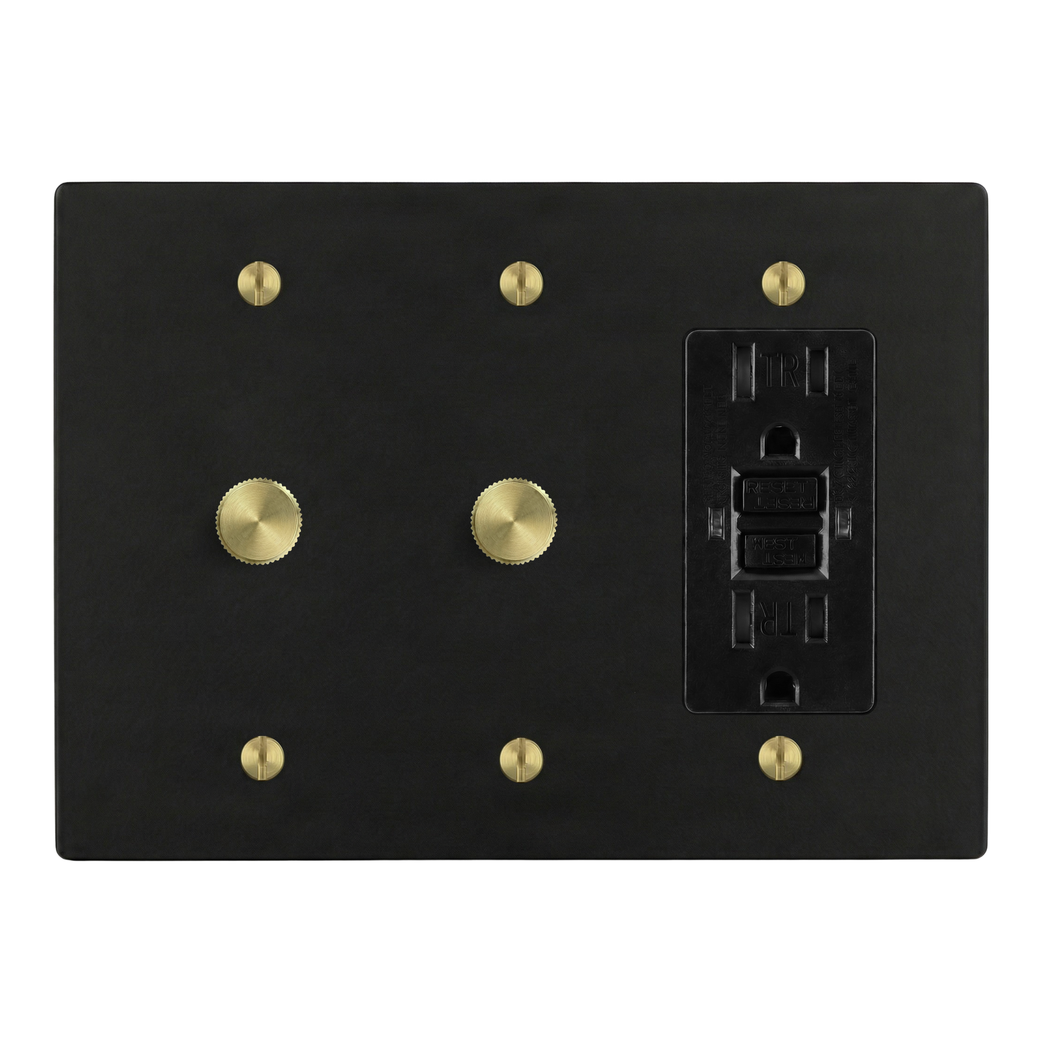 Matte Black (Satin Brass Accents) 3-Gang Dimmer, Dimmer & GFCI Outlet Switch Plate in Black