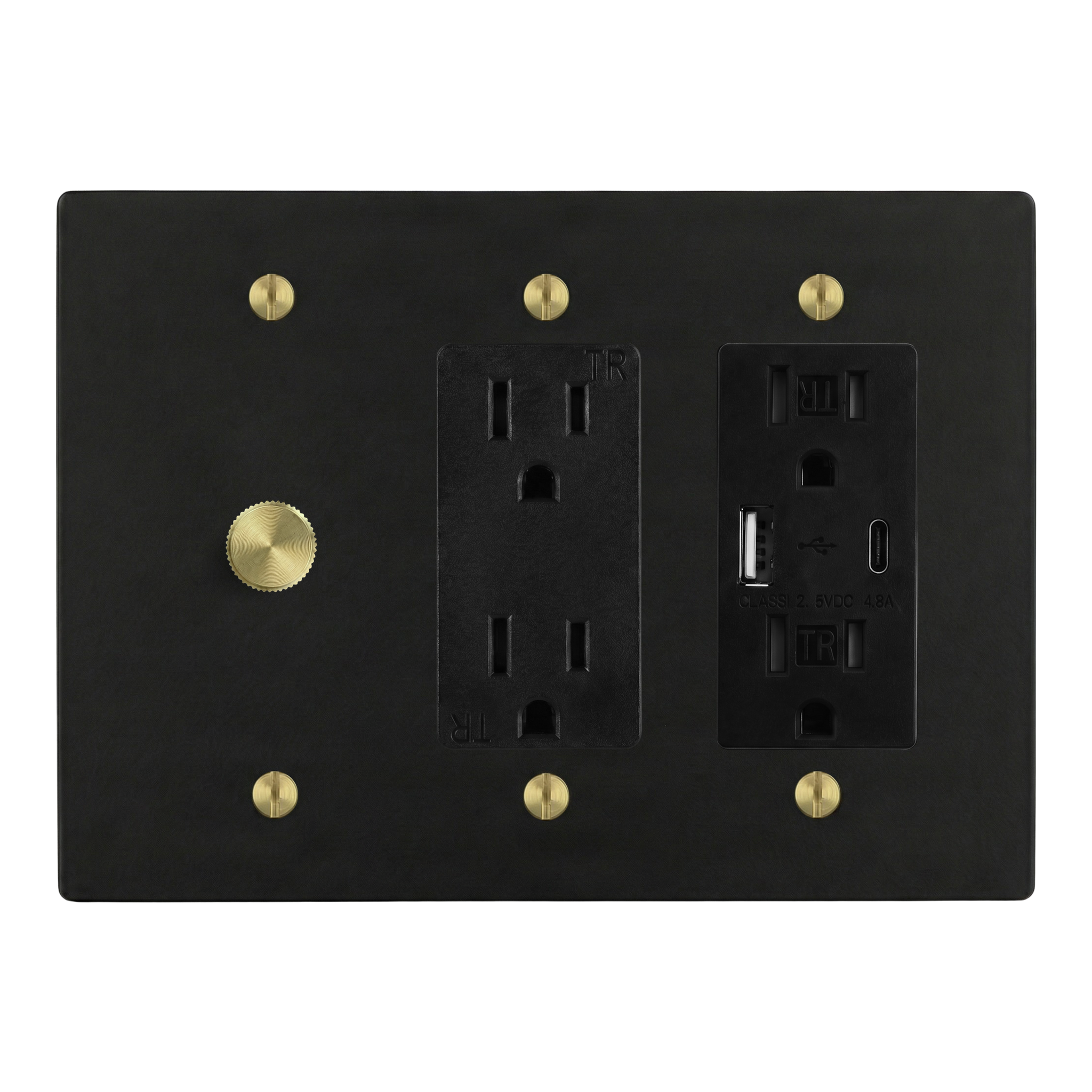 Matte Black (Satin Brass Accents) 3-Gang Dimmer, Duplex Outlet & USB Outlet Switch Plate in Black